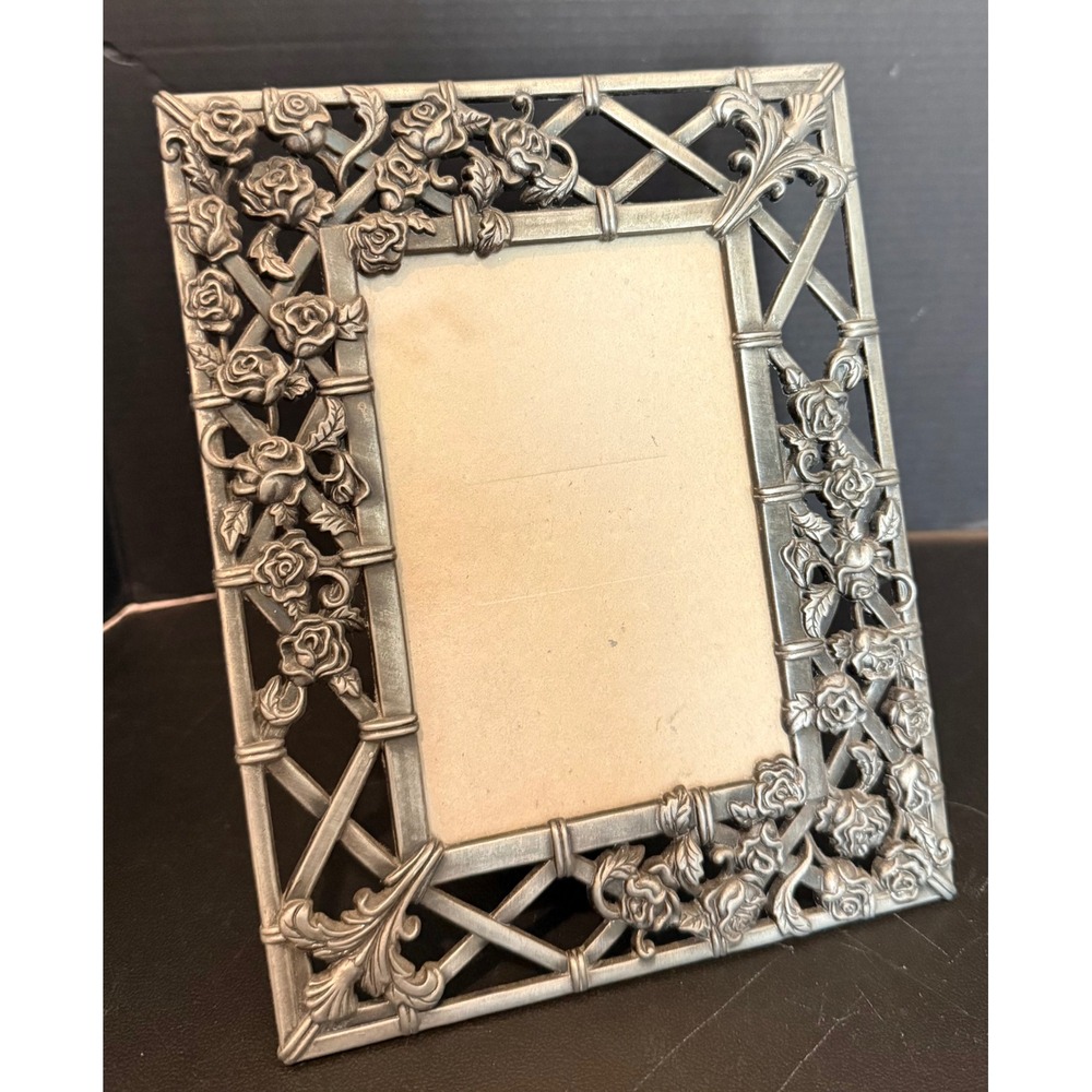 Picture 3x4 Frame Silver Pewter Rose Trellis Ornate Vintage Style